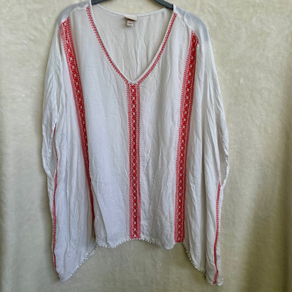 Merona White Red Embroidered Boho Batwing Peasant Top Pom Pom Hem Size XL